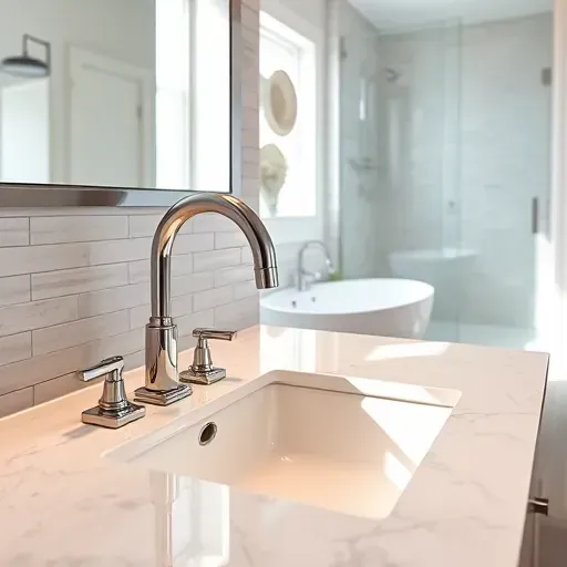 Modern bathroom in West Chester Township OH with chrome fixtures, tiled walls, marble countertop, sleek sink, bathtub, and shower.