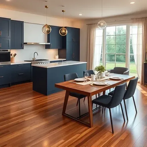 Modern kitchen remodel in Miamisburg, OH, features quartz countertops, navy cabinets, and elegant lighting in a serene space.