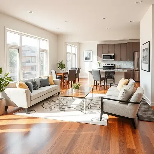Stylish remodeled living room in Dayton OH with neutral walls, modern furniture, natural light, and sleek kitchen.