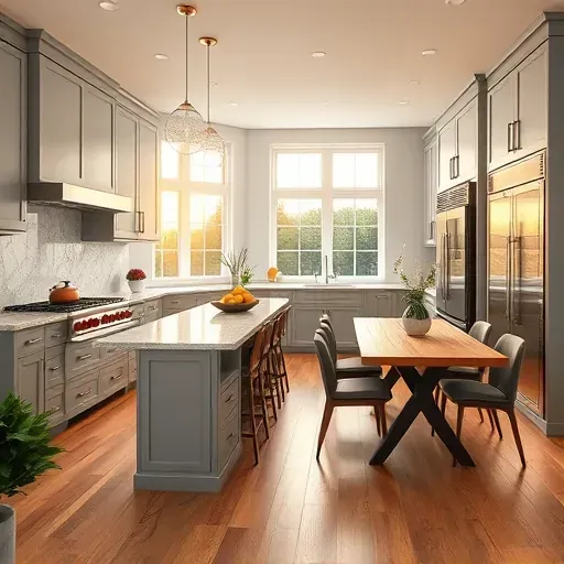Modern kitchen remodel in Montgomery, OH features soft gray cabinetry, granite countertops, and stainless steel appliances.