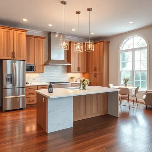 Modern kitchen remodel in West Chester Township with sleek cabinetry, quartz island, stainless appliances, and elegant lighting.