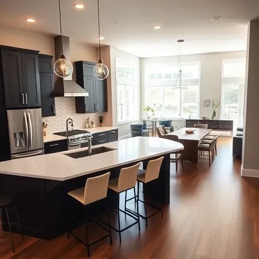 Modern kitchen remodel in Hamilton OH features dark cabinetry, white quartz countertops, and open floor plan.