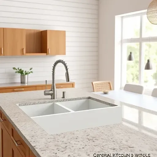 Modern kitchen featuring a double-basin farmhouse ceramic sink with matte finish, granite countertop, stainless steel fixtures, and white shiplap walls