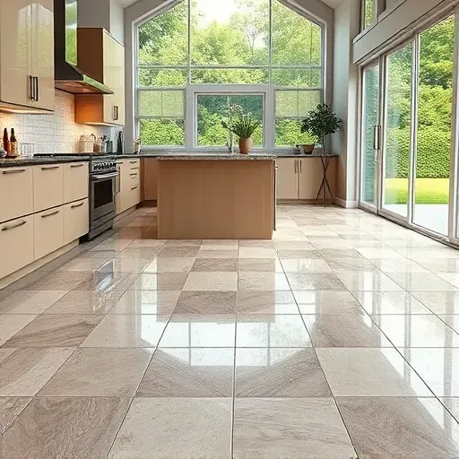 Newly installed glossy ceramic tile kitchen flooring in West Chester Township Ohio with modern appliances and lush outdoor views