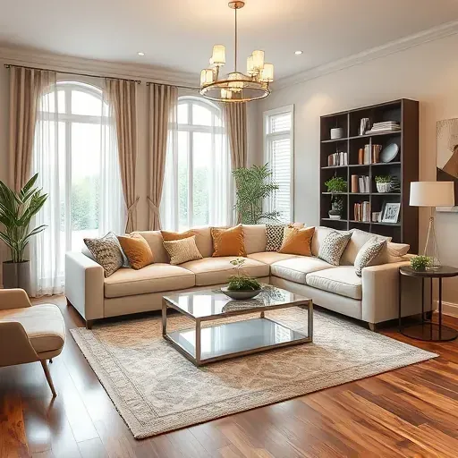 Sophisticated Wyoming OH living room showcasing elegant design with a sectional sofa, glass coffee table, and reading nook.