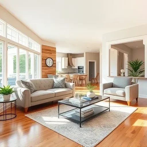 Modern living room in Liberty Township with open floor plan, natural light, reclaimed wood wall, and elegant furnishings.