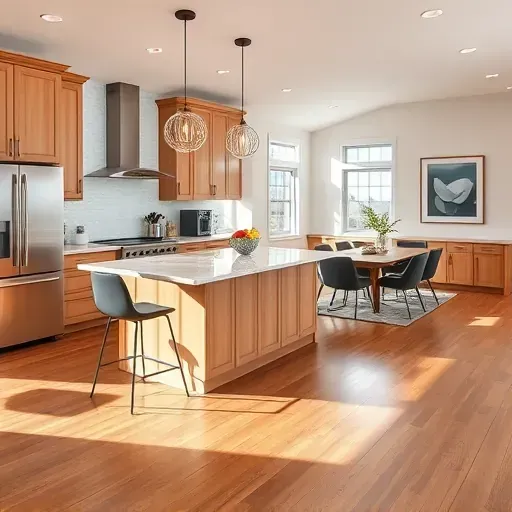 Contemporary kitchen in Englewood OH with stainless steel appliances, quartz countertops, and wooden cabinetry.