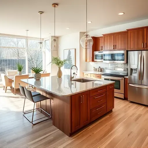 Modern kitchen remodel in Maineville, OH with polished granite, stainless steel appliances, wooden cabinets, and natural light.