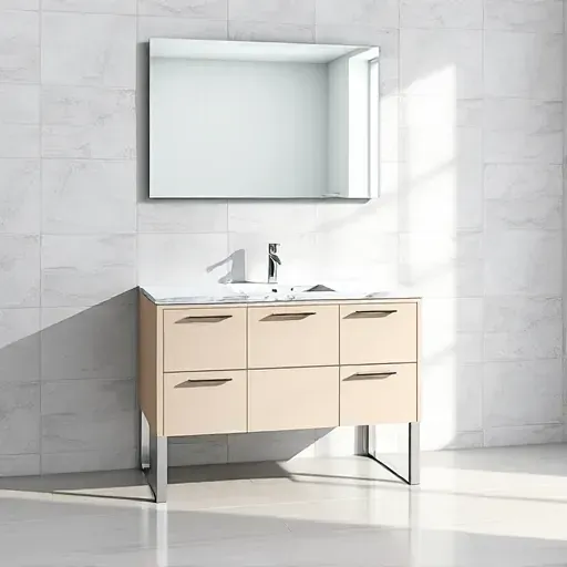 Newly installed modern bathroom vanity with marble top undermount sink chrome fixtures in upscale West Chester Ohio setting