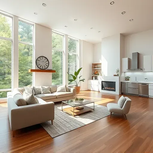 Spacious Springdale living room remodel features plush sectional, modern fireplace, and seamless kitchen integration.