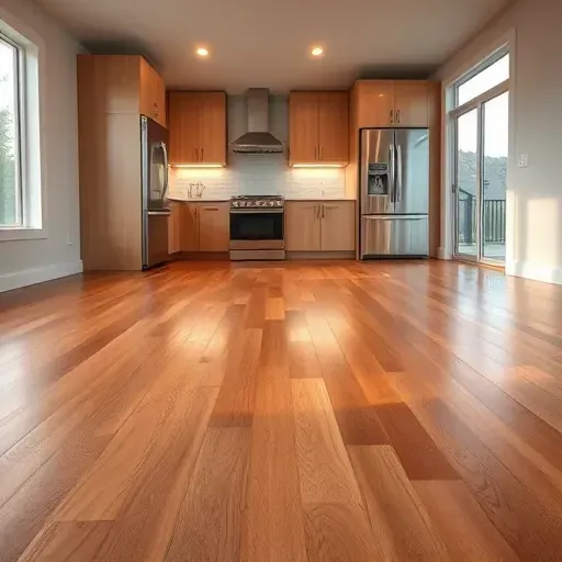 Newly installed polished hardwood kitchen flooring in West Chester Township Ohio with sleek modern design and natural light