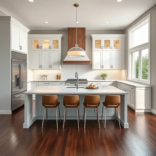 Modern kitchen remodel in Kenwood, OH features sleek appliances, expansive island, and elegant cabinetry with herringbone backsplash.