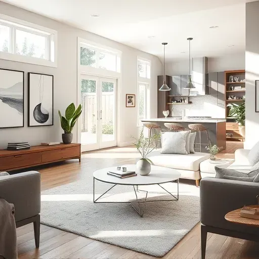 Beautifully remodeled living room in Lebanon OH featuring modern furnishings, natural light, and a stylish kitchen.