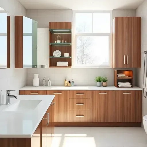 Finished modern bathroom cabinet with organized shelves, sleek wood finish, polished hardware, and natural lighting