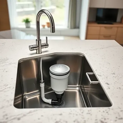 Newly installed stainless steel garbage disposal under modern sink in sleek kitchen with granite countertops and natural light
