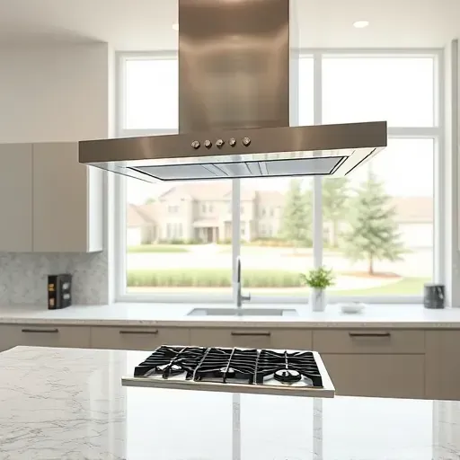 Modern high-end kitchen with stainless steel vent hood above a sleek cooktop, polished granite countertops, and natural light.