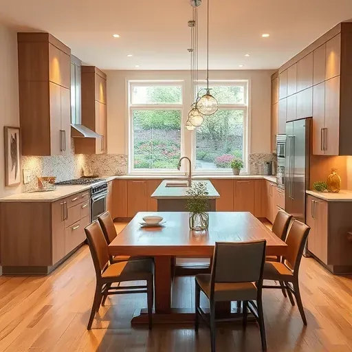 Modern kitchen remodel in Wyoming OH with sleek cabinetry, granite countertops, and inviting dining area lit by ambient lighting.