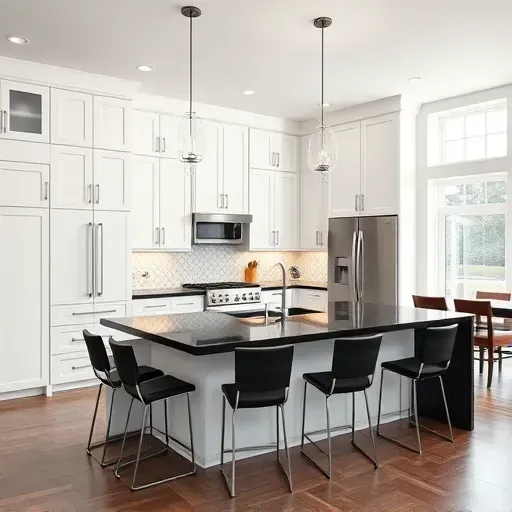 Modern Germantown kitchen remodel featuring white cabinetry, dark countertops, island with bar stools, and natural light.