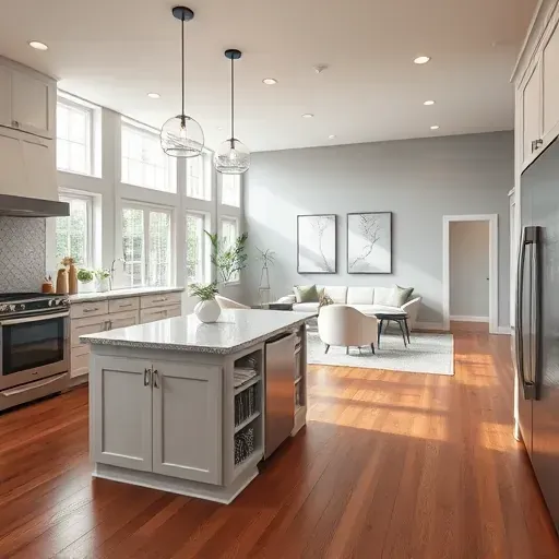 Modern open-concept kitchen in Fairfield, OH with sleek appliances, custom cabinetry, and elegant lighting.