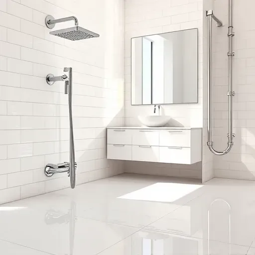 Bright modern bathroom with chrome fixtures, tiled walls and floor, vessel sink, large mirror, showcasing professional plumbing upgrade