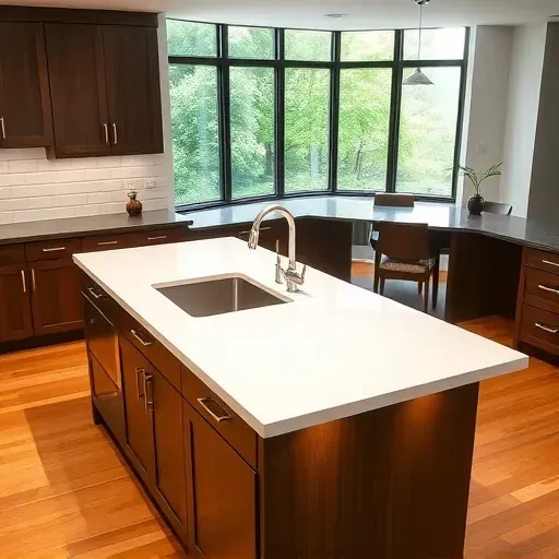 Modern West Chester Township kitchen with white quartz island, dark wood cabinets, stainless steel sink, LED lighting, and natural light