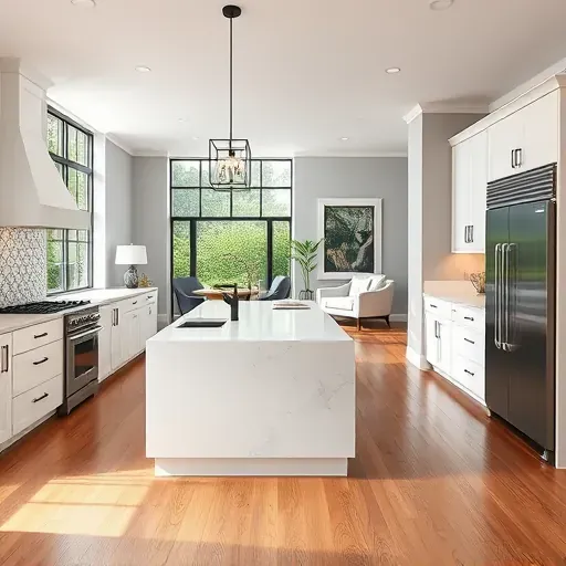 Modern remodeled kitchen in Silverton OH featuring sleek appliances, quartz island, and cozy living area with chic decor.