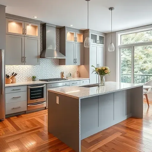 Beautiful remodeled kitchen in Miamisburg OH featuring modern appliances, elegant island, and warm hardwood flooring.