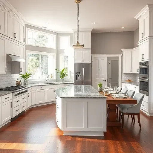 Open-concept kitchen remodel in Colerain Township with white cabinetry, granite island, and stainless appliances.