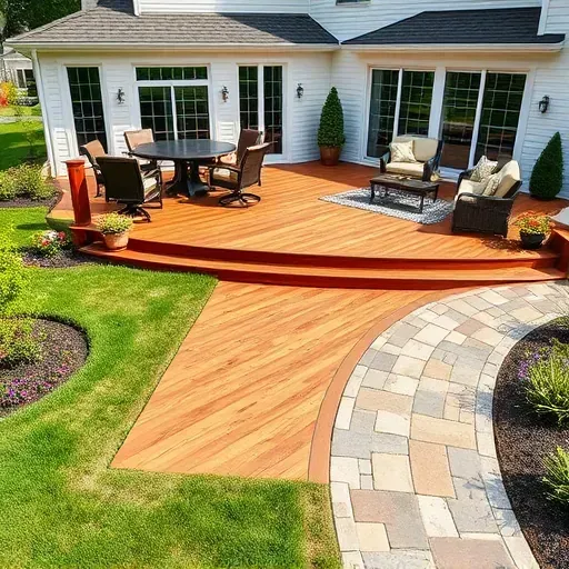Beautiful wooden deck and flagstone patio with lush landscaping and modern home in West Chester Ohio