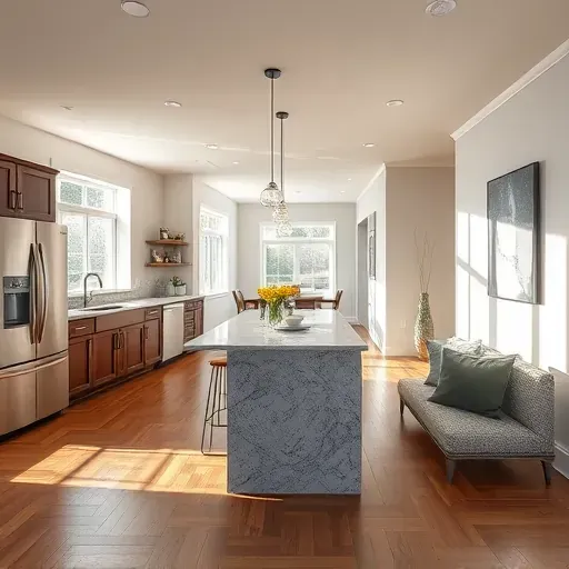 Modern kitchen remodel in Finneytown OH with granite countertops, stainless steel appliances, and elegant living area decor.