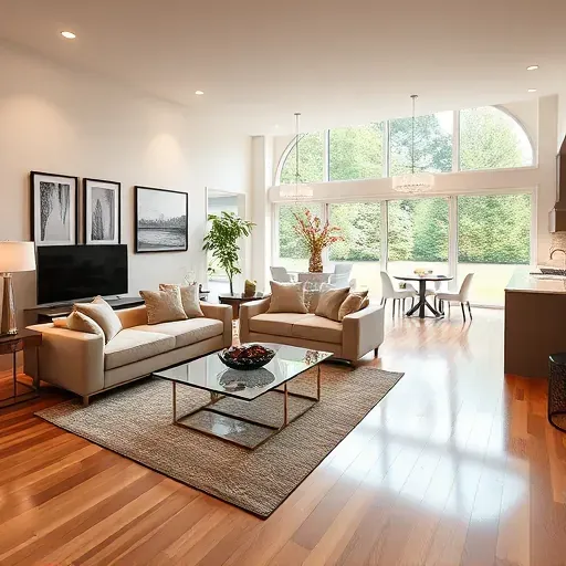 Elegant modern living room in Glendale OH with open floor plan, natural light, hardwood floors, and stylish decor.