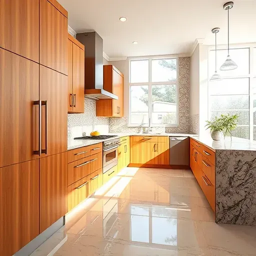Bright modern kitchen with warm wood cabinets, polished granite countertops, stainless steel handles, mosaic backsplash, and natural light.