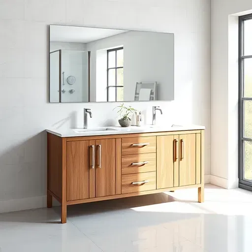 Completed modern bathroom vanity installation in West Chester Township Ohio featuring wood cabinetry marble countertop brushed nickel fixtures and large mirror