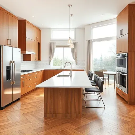 Completed kitchen remodel in West Chester Township with granite countertops, stainless steel appliances, inviting island, and hardwood flooring.