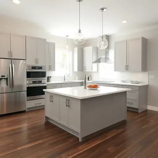 Modern kitchen remodel in Blue Ash, OH with white quartz island, stainless steel appliances, and deep wood flooring.