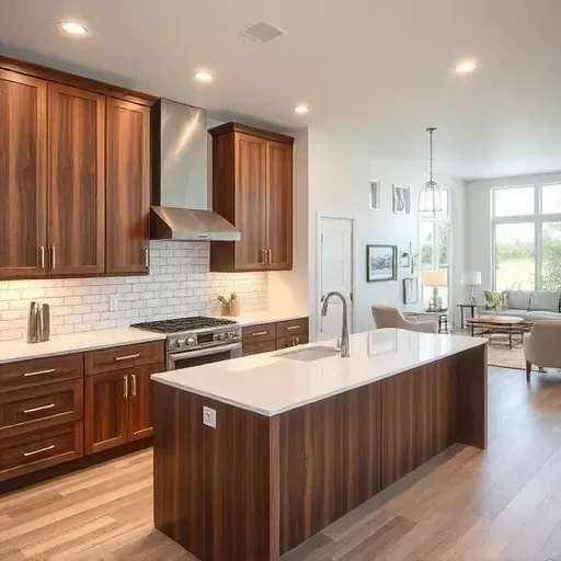 Modern Trenton OH kitchen remodel features walnut cabinets, white quartz island, and elegant subway tile backsplash.