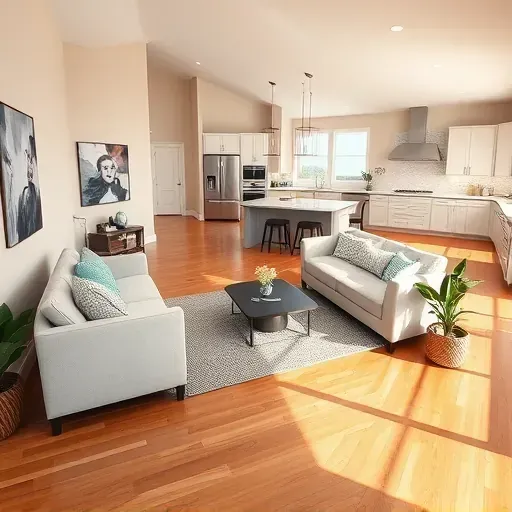 Modern open-concept living room in Ross Township, OH with hardwood floors, expansive windows, and stylish furniture.