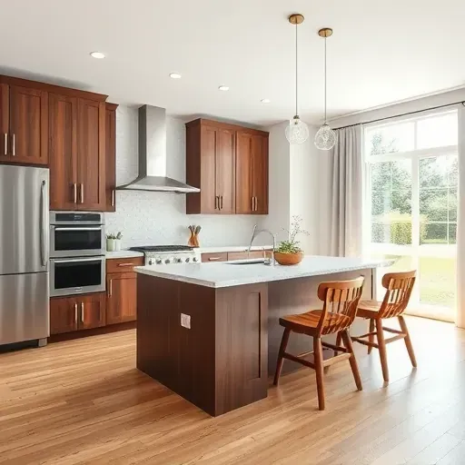 Modern remodeled kitchen in Springboro OH with walnut cabinetry, quartz countertop, and stainless-steel appliances.