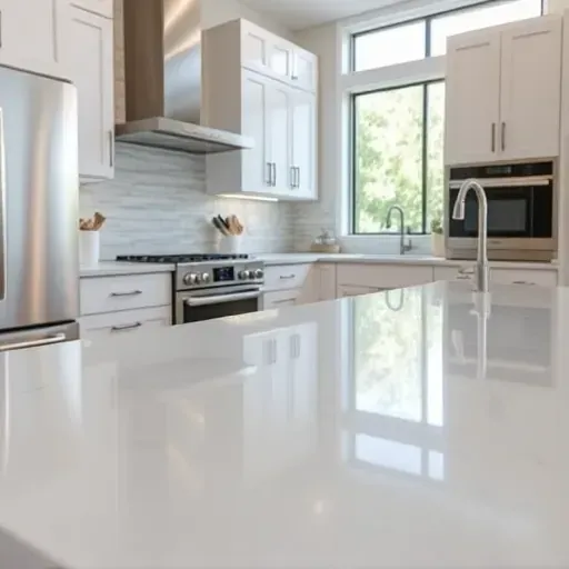 Seamless solid surface kitchen counter with modern appliances, neutral backsplash, and natural light in West Chester Ohio