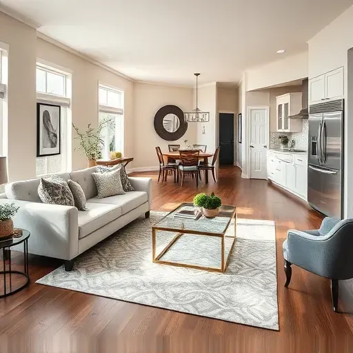 Remodeled living room in Springboro OH with open-concept design, chic decor, and natural lighting.