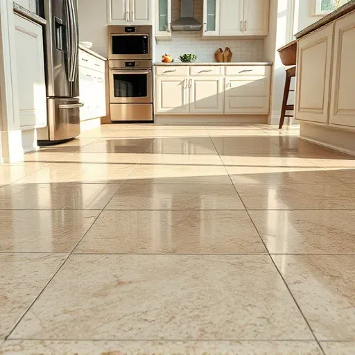 Close-up of polished ceramic tile kitchen flooring with stone-like patterns and subtle grout lines in a modern West Chester Ohio kitchen