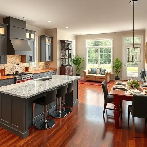 Modern remodeled kitchen in Lebanon, OH with granite countertops, stainless steel appliances, and warm lighting.