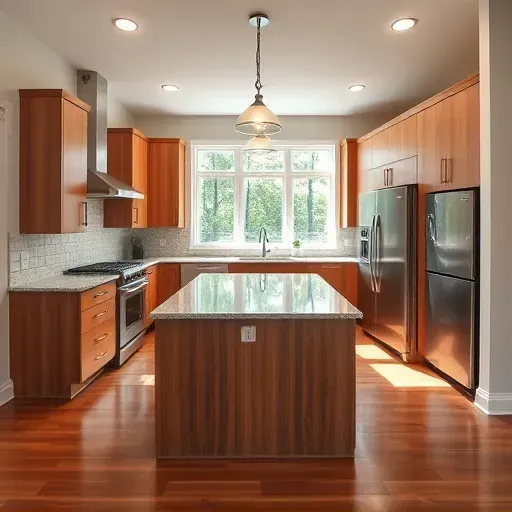 Modern kitchen remodel in Colerain Township OH features custom cabinetry, granite counters, pendant lighting, and stainless steel appliances.