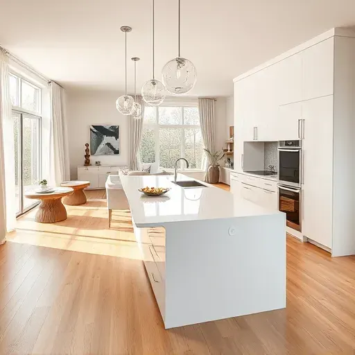 Remodeled kitchen in Carlisle OH with sleek white cabinetry, quartz countertops, pendant lights, and light oak flooring.