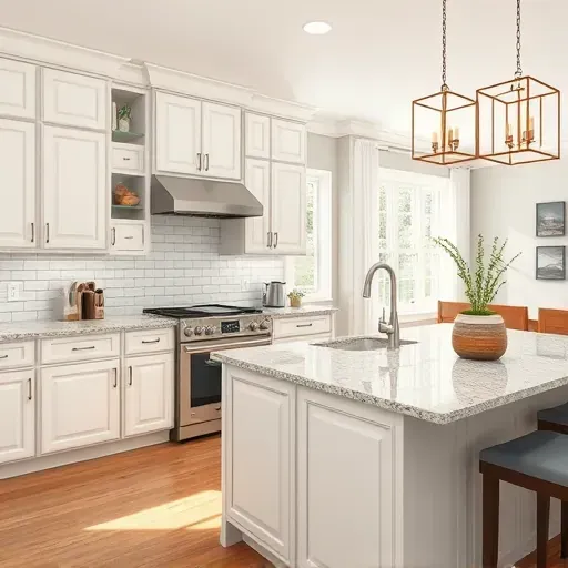 Remodeled kitchen in Lebanon OH with elegant cabinetry, stainless appliances, granite island, and natural light.
