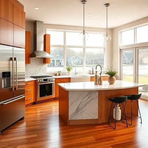 Remodeled kitchen in Symmes Township, OH with modern design, marble countertops, stainless steel appliances, and natural light.