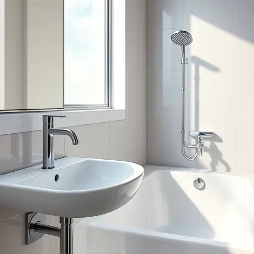 Modern bathroom with sleek chrome fixtures, stylish sink, polished tub, natural light, neutral tiled walls, and organized plumbing
