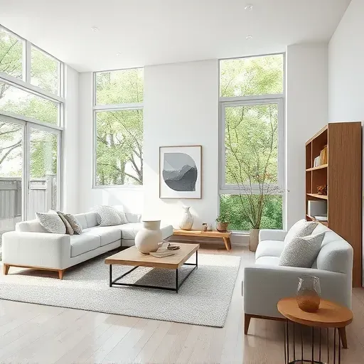 Modern living room in Colerain Township featuring sleek design, natural light, and stylish furnishings in soft grays.