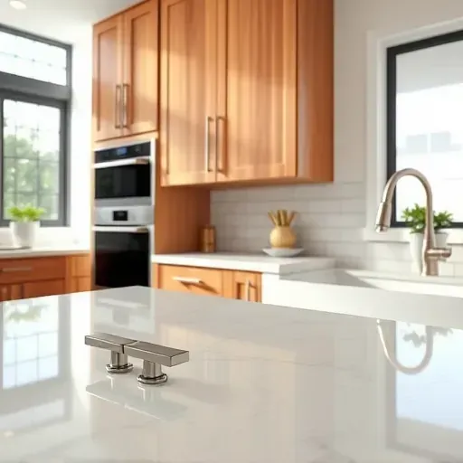 Modern kitchen in West Chester Ohio featuring polished oak cabinets with stainless steel handles and quartz countertops