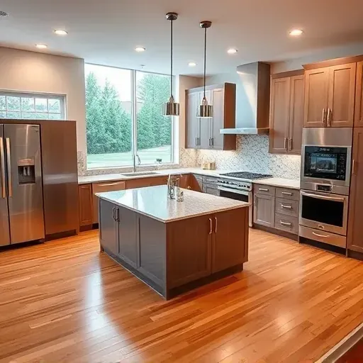 Modern kitchen remodel in Montgomery, OH with stainless steel appliances, granite island, and natural lighting.